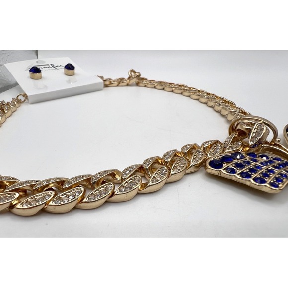Jennifer & Co Gold NWT Chunky Rhinestone Chain Necklace Blue Butterfly Pendant - Picture 10 of 11